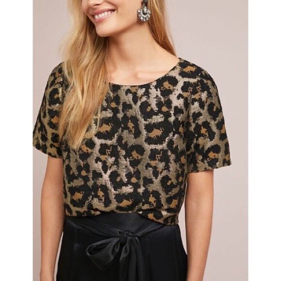 Hutch Tops - HUTCH Anthropologie Metallic Leopard Print Blouse Bow Back Black Gold Size XS